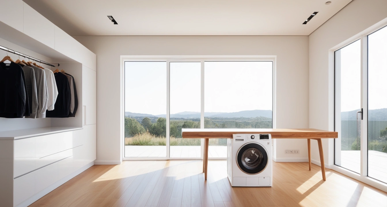세탁 - 건조기 사용 전후의 섬유 보호 전략 (a high-end laundry displayed in a modern bright showroom, clean minimalist interior, no people)