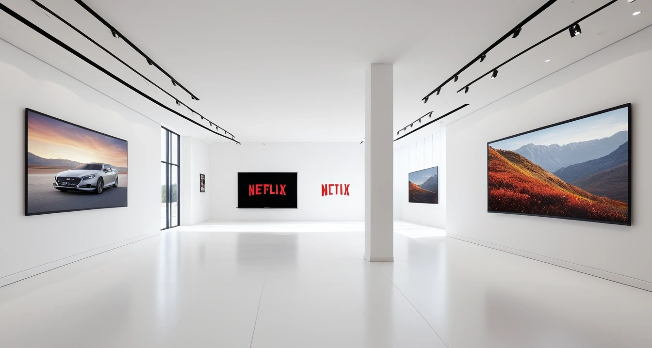 넷플릭스 - 정상적인 구독 유지를 위한 합법적인 요금제 최적화 전략 (a high-end netflix displayed in a modern bright showroom, clean minimalist interior, no people)