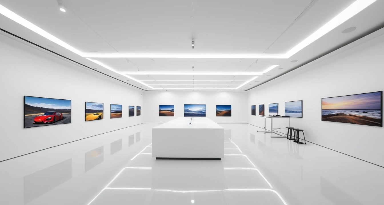 서비스센터 - 설치된 애플리케이션 충돌 및 저장 공간 확보 확인 (a high-end service center displayed in a modern bright showroom, clean minimalist interior, no people)