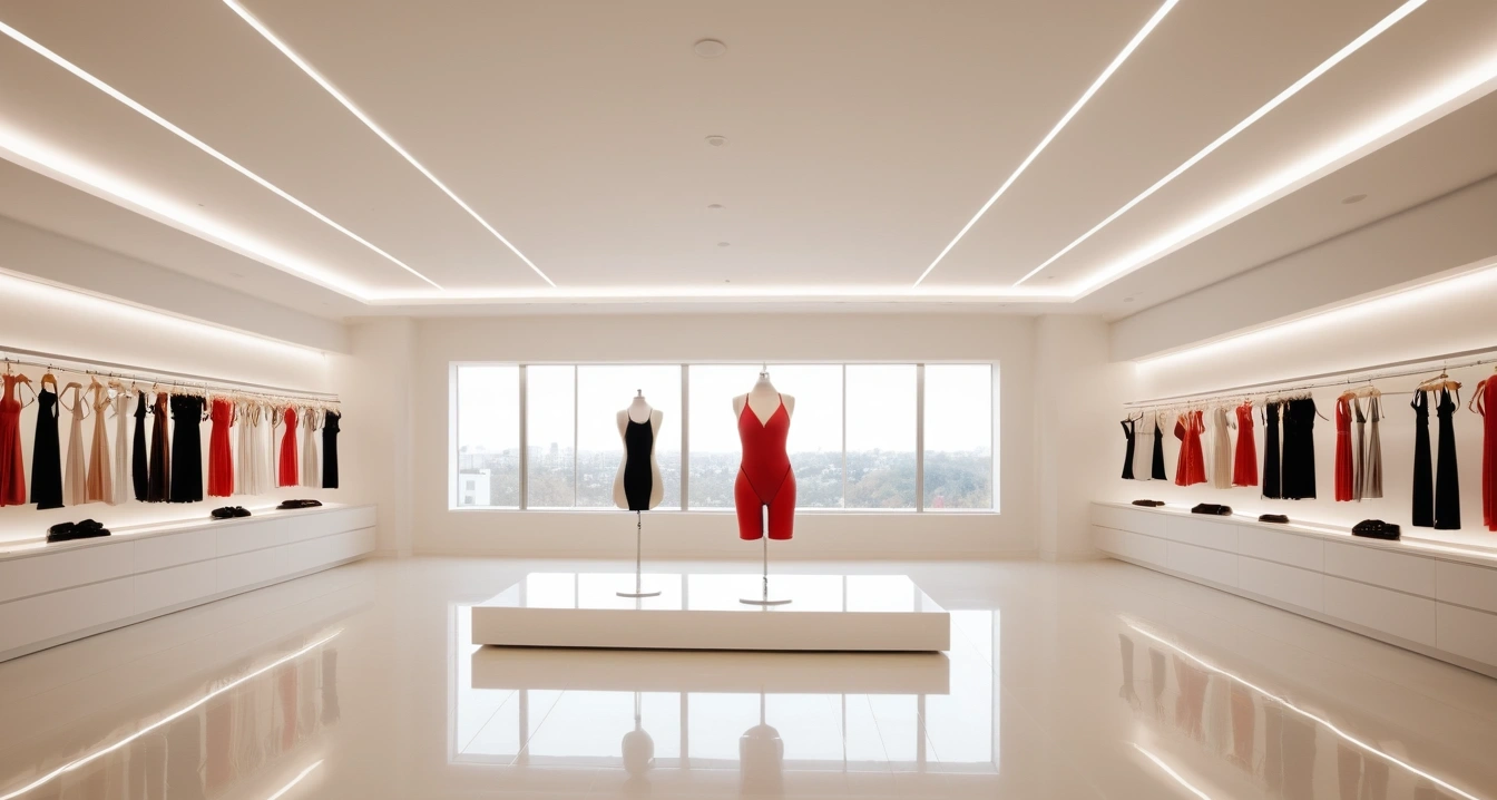 수영복 - 휴가용 의류 건조와 물리적 늘어짐 방지 (a high-end swimsuit displayed in a modern bright showroom, clean minimalist interior, no people)