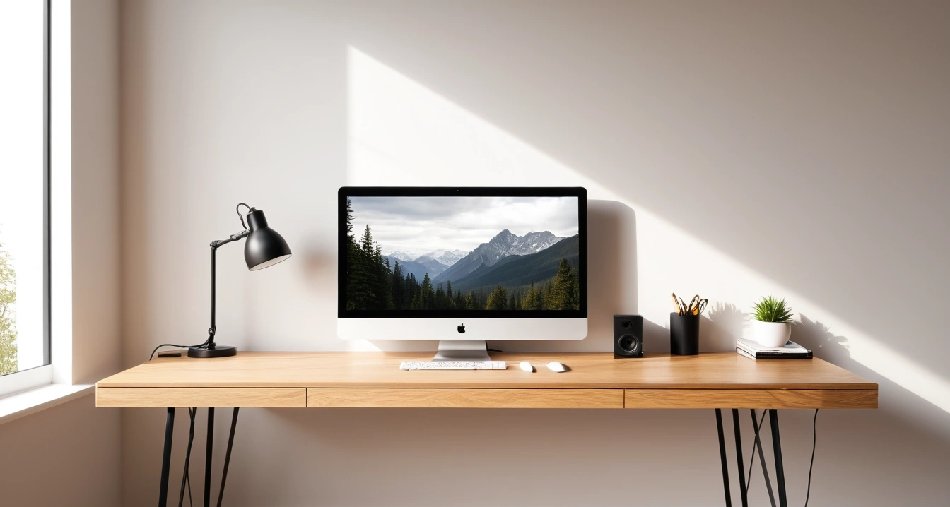 무료 폰트 - 과제물 데이터 보안과 폰트 저작권 합의 (a modern minimalist desk setup with free fonts, soft lighting, no people)