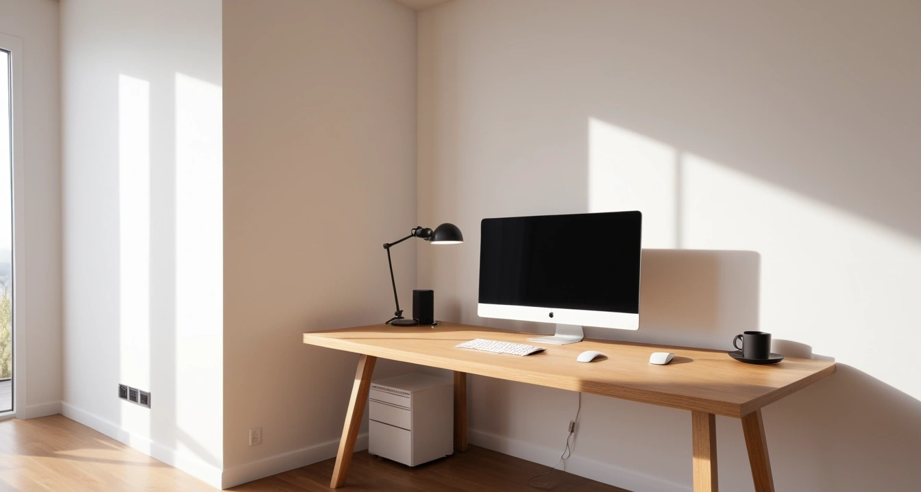 PC 부팅 - 메인보드 바이오스 설정 조정으로 부팅 경로 단축 (a modern minimalist desk setup with PC boot, soft lighting, no people)