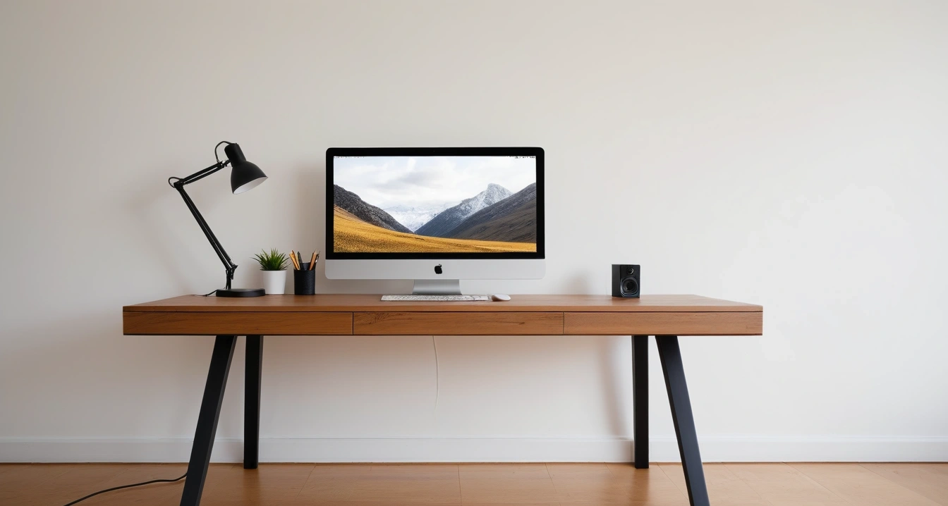 PPT 템플릿 - PPT 템플릿 내 폰트 라이선스 점검 절차 (a modern minimalist desk setup with PPT template, soft lighting, no people)