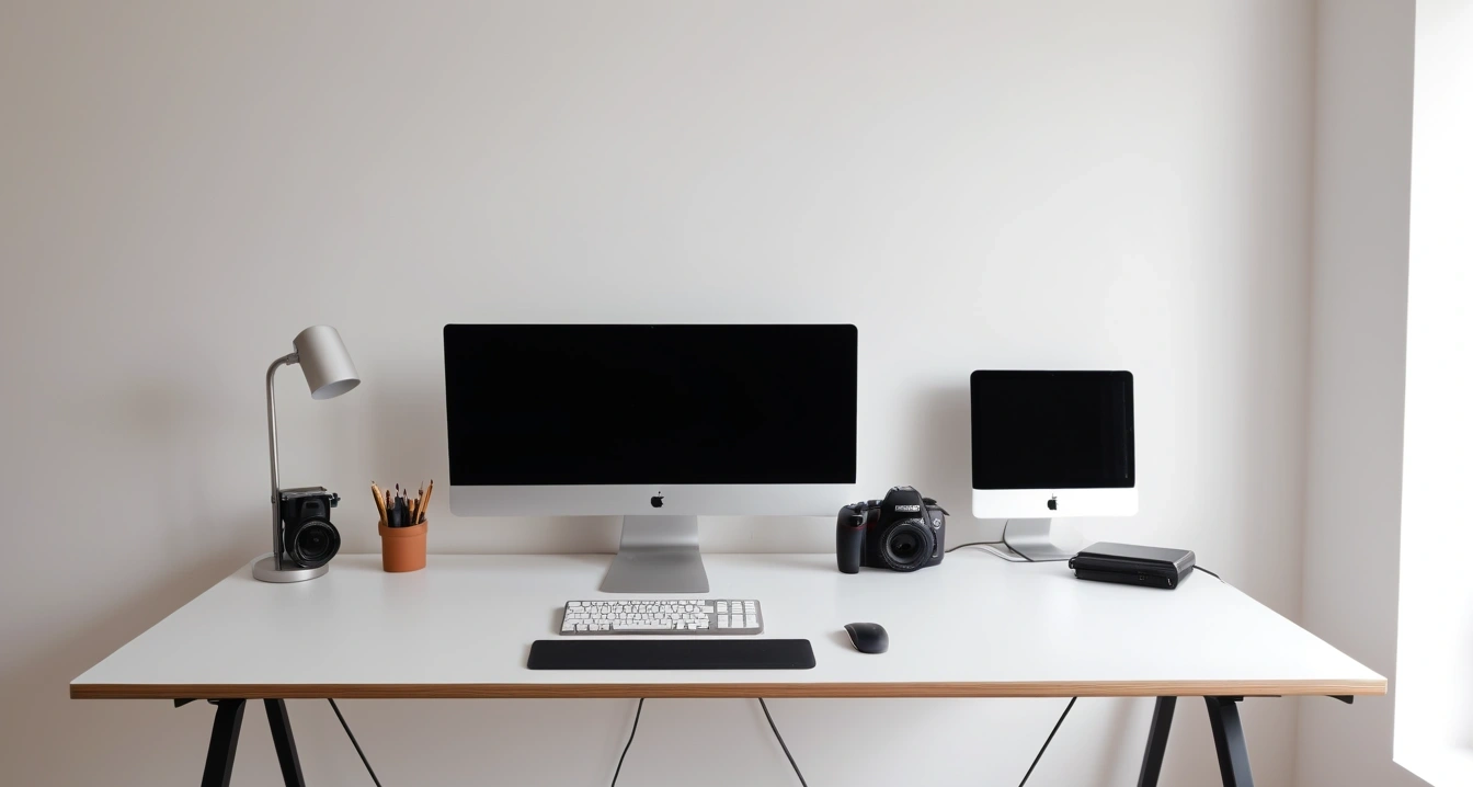 PPT 템플릿 - 데이터 시각화 템플릿과 경영진 의사결정 효율화 (a modern minimalist desk setup with PPT template, soft lighting, no people)