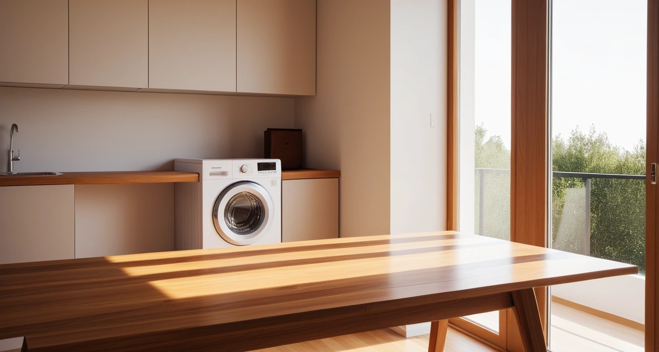 세탁 - 세탁 건조기 활용과 의류 수축 방지 전략 (a sleek modern laundry on a clean wooden desk, minimalist aesthetic, soft lighting, no people)