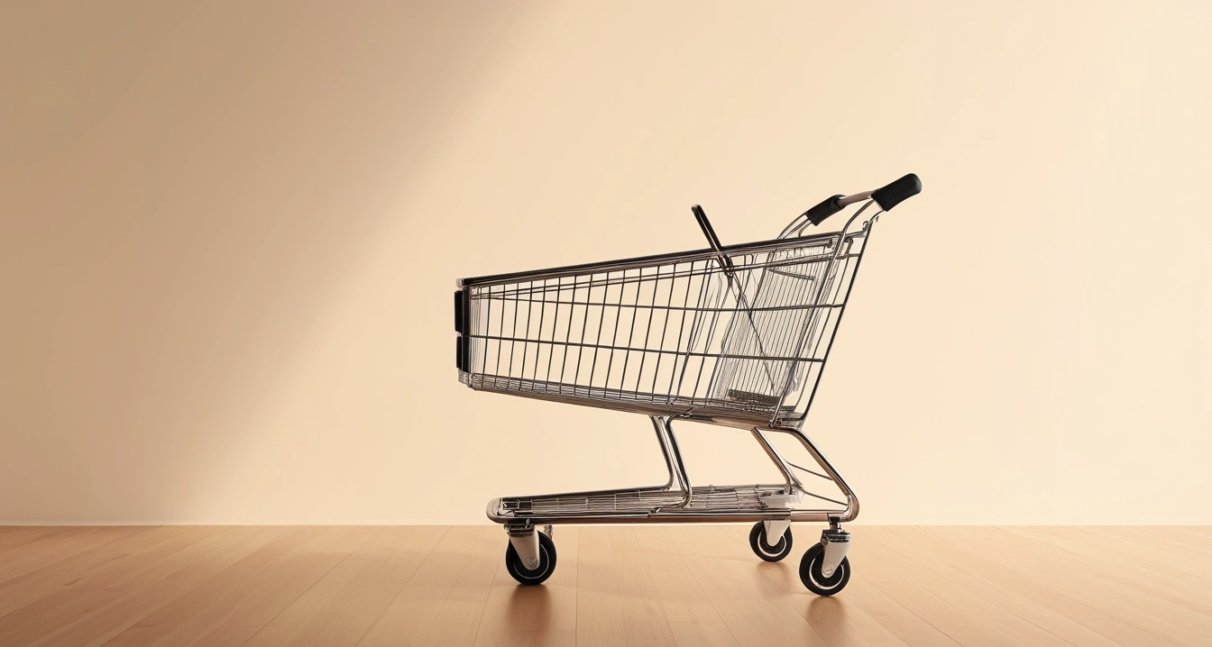 장바구니 - 글로벌 면세점 한정판 주류 및 향수 구매 팁 (a sleek modern shopping cart on a clean wooden desk, minimalist aesthetic, soft lighting, no people)