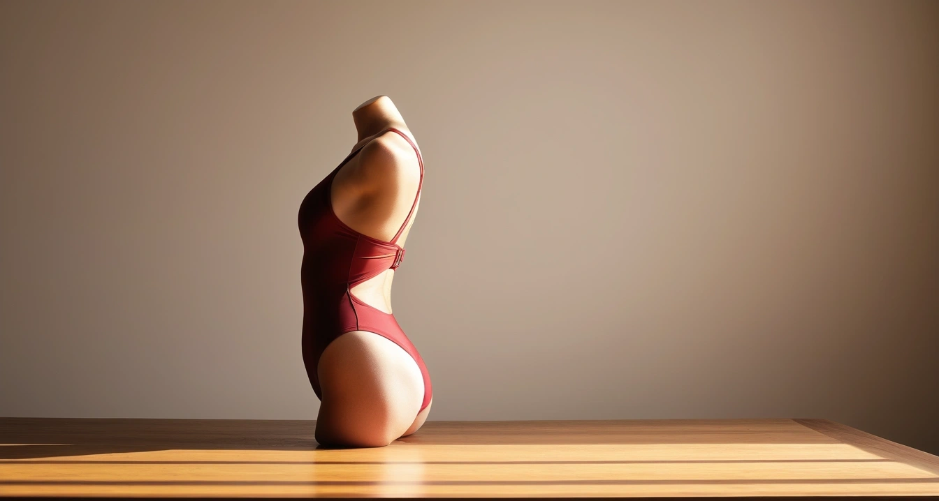 a sleek modern swimsuit on a clean woode 1