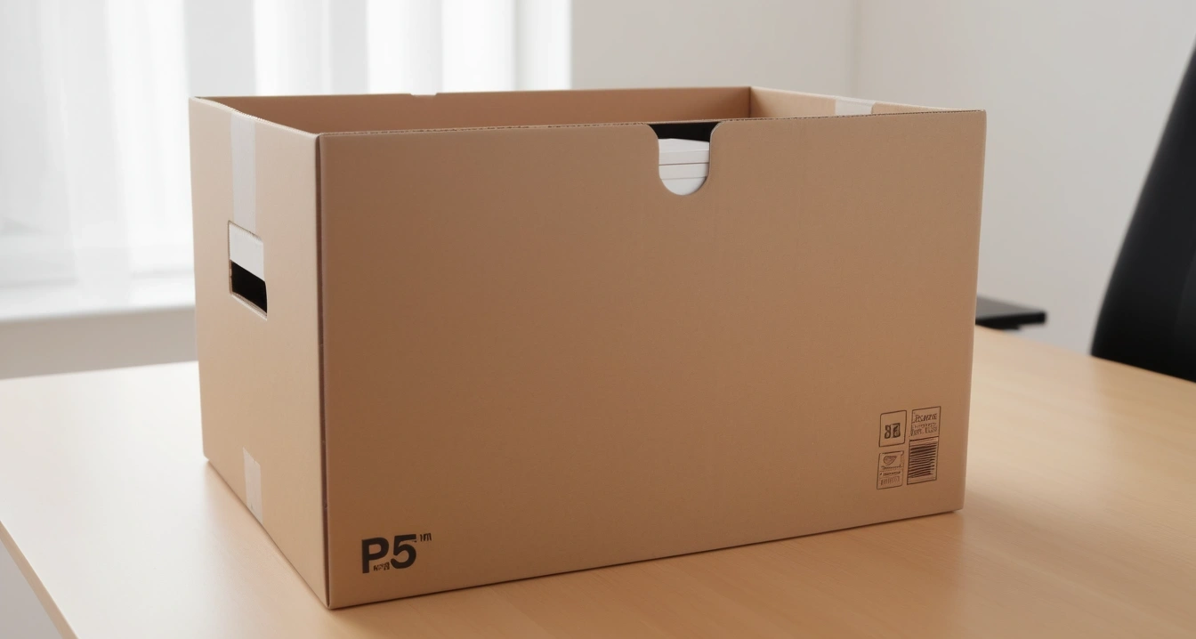 PPT 템플릿 - 디지털 업무 환경 개선을 위한 PPT 자동화 툴 (close-up of a premium PPT template in a sleek unboxing box on a clean minimal desk, no people)