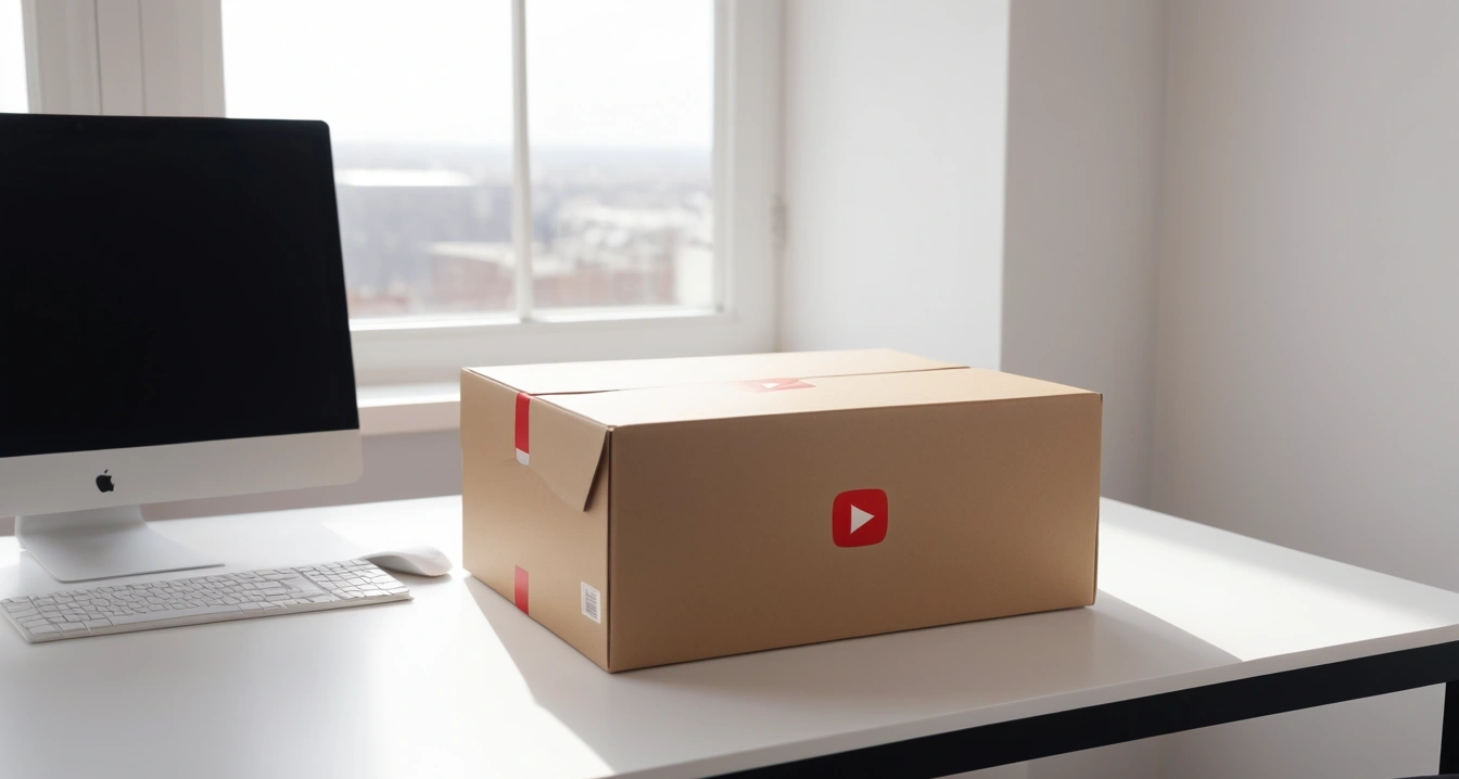유튜브 프리미엄 - 디지털 기기 플랫폼의 정책 강화와 우회 결제의 주의점 (close-up of a premium YouTube Premium in a sleek unboxing box on a clean minimal desk, no people)