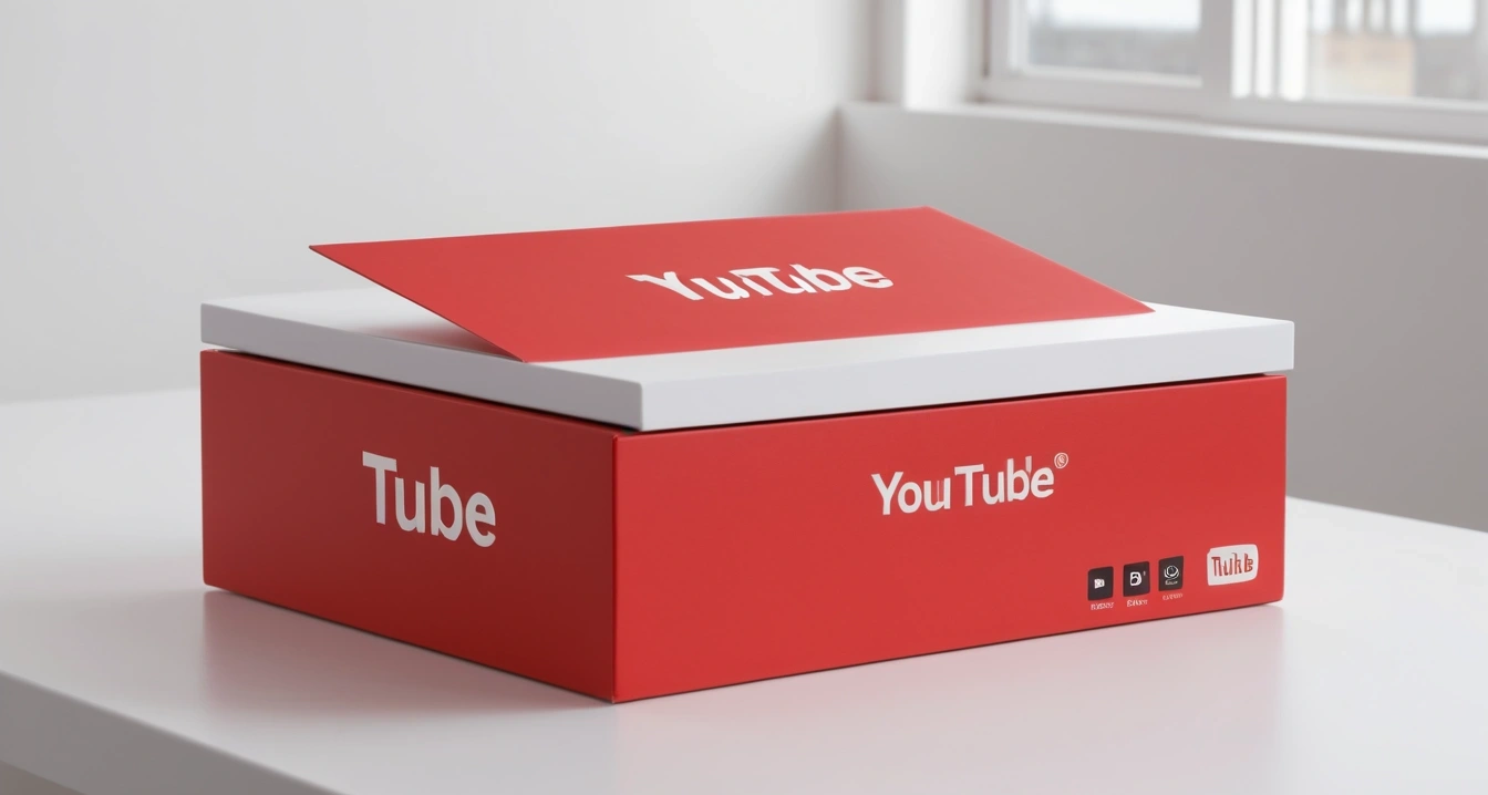 유튜브 프리미엄 - 유튜브 수익화 정책 변경에 따른 사용자 전략 (close-up of a premium YouTube Premium in a sleek unboxing box on a clean minimal desk, no people)