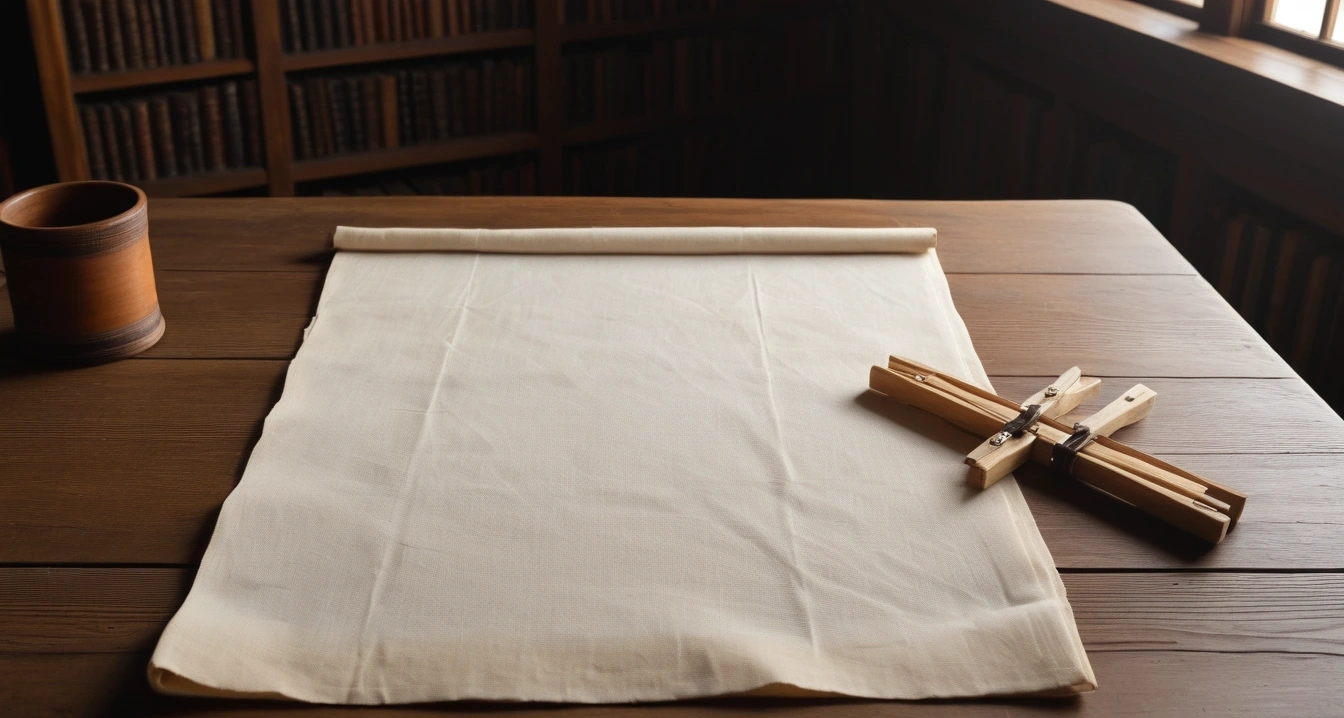 얼룩 - 섬유 종류별 얼룩 제거를 위한 기초 화학 메커니즘 (concept of A clean, white washed shirt and wooden clothespins, an ancient weathered parchment scroll with faded calligraphy, dark wooden library table, no people)