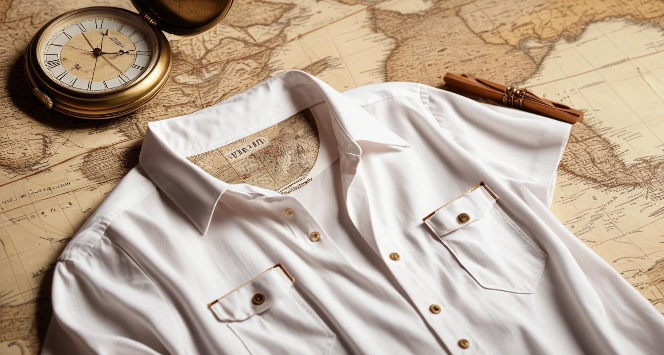 얼룩 - 중성 세제와 식초를 이용한 실크 의류 단백질 얼룩 케어 (concept of A clean, white washed shirt and wooden clothespins, a highly detailed vintage brass pocket watch and an old antique world map, no people)