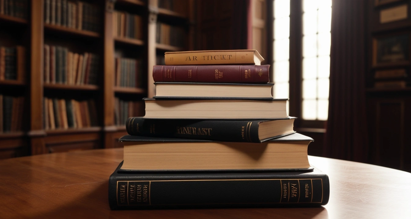 항공권 - 알고리즘을 활용한 최저가 항공권 탐색 기술 (concept of air ticket, a beautifully arranged stack of classic literature books, elegant library table, no people)