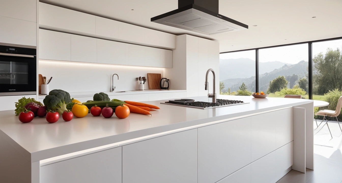 항공권 - 현지 교통수단과 스마트폰 앱의 효율성 (concept of air ticket, a pristine modern kitchen island, fresh vegetables, aesthetic coffee maker, no people)