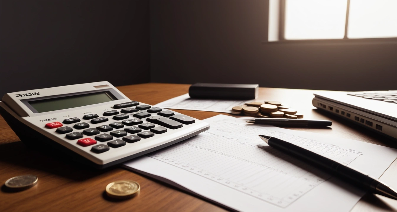 통신비 - 정부 주도의 통신비 지원 정책 활용하기 (concept of communication cost, a neat arrangement of official forms, a modern calculator, and neat coins, finance aesthetic, no people)