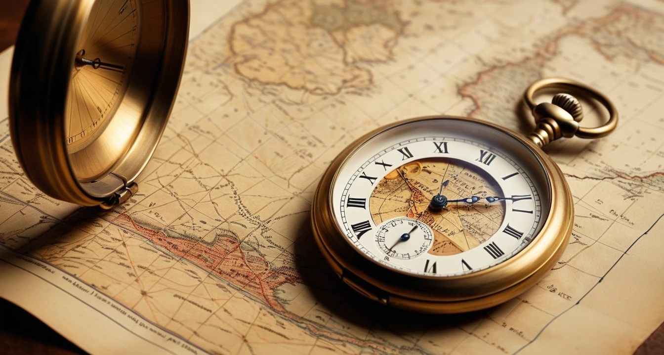 자취요리 - 식비 예산 관리를 위한 가계부 작성 시스템 (concept of Cooking at home, a highly detailed vintage brass pocket watch and an old antique world map, no people)