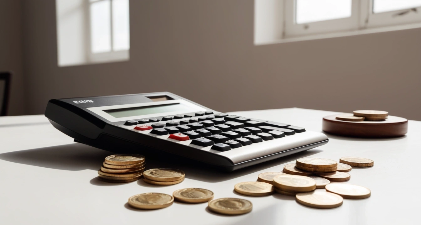 생활비 - 전통시장 및 지역화폐 사용을 통한 소비 최적화 (concept of cost of living, a neat arrangement of official forms, a modern calculator, and neat coins, finance aesthetic, no people)