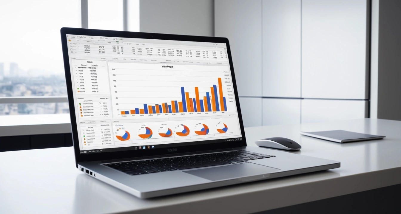 냉장고 파먹기 - 직장인을 위한 스마트폰 식단 레시피 (concept of digging into the refrigerator, a sleek modern office desk, a glowing laptop screen displaying financial charts, no people)
