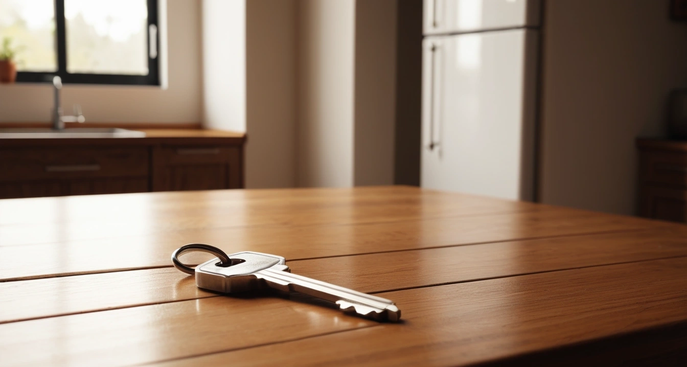 냉장고 파먹기 - 업무 생산성 도구와 연결된 식생활 루틴 설계 (concept of digging into the refrigerator, a shiny house key resting on a detailed contract, elegant wooden table, no people)
