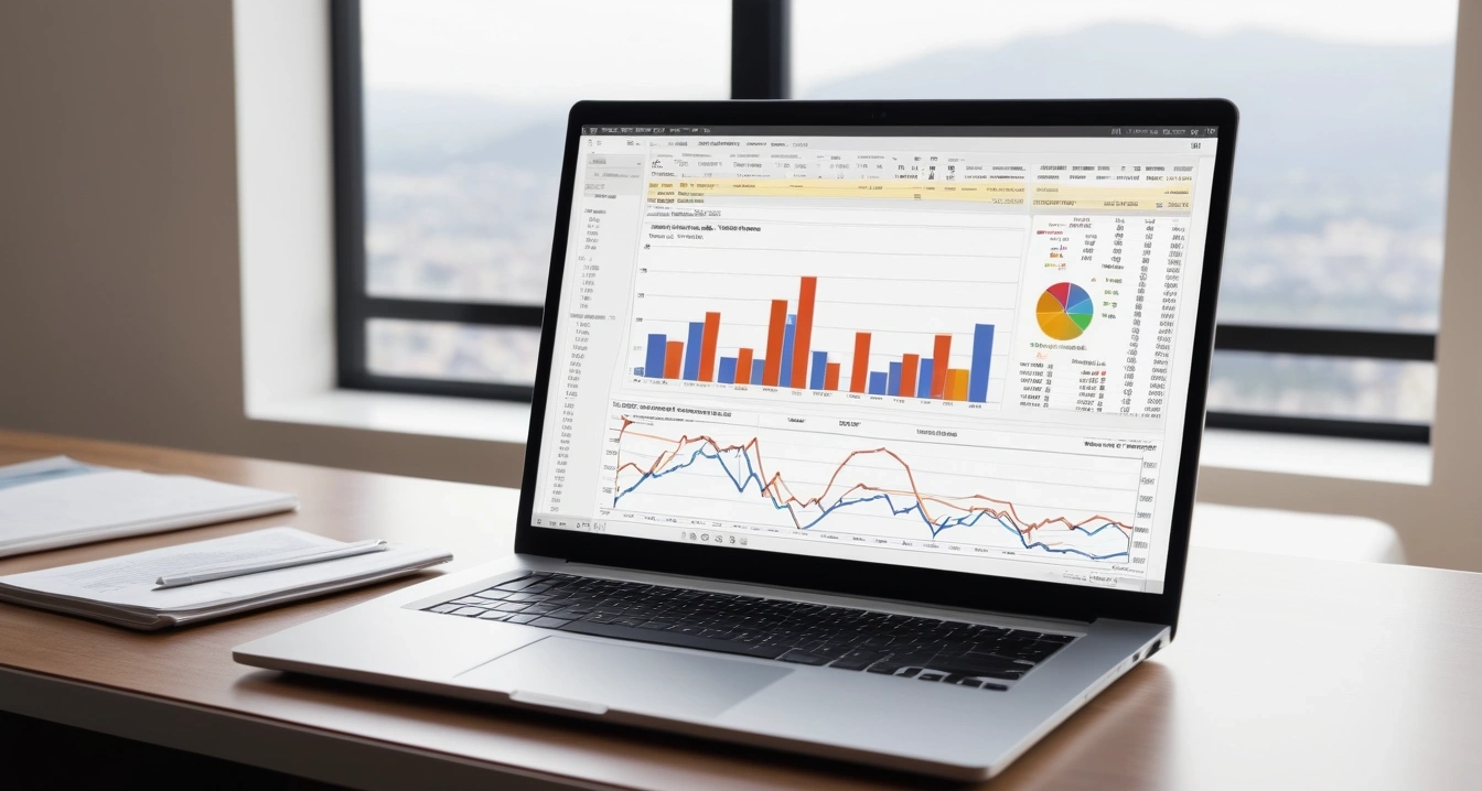 디지털 콘텐츠 - 무료체험 및 프로모션 코드 활용법 (concept of digital content, a sleek modern office desk, a glowing laptop screen displaying financial charts, no people)