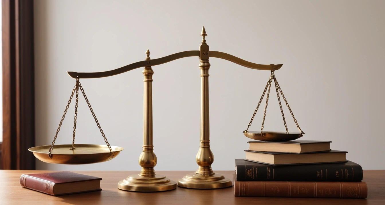 알뜰 쇼핑 - 교토 쇼핑가의 숨은 명품 아이템 선별 가이드 (concept of economical shopping, a classic brass balance scale of justice next to leather-bound books, no people)