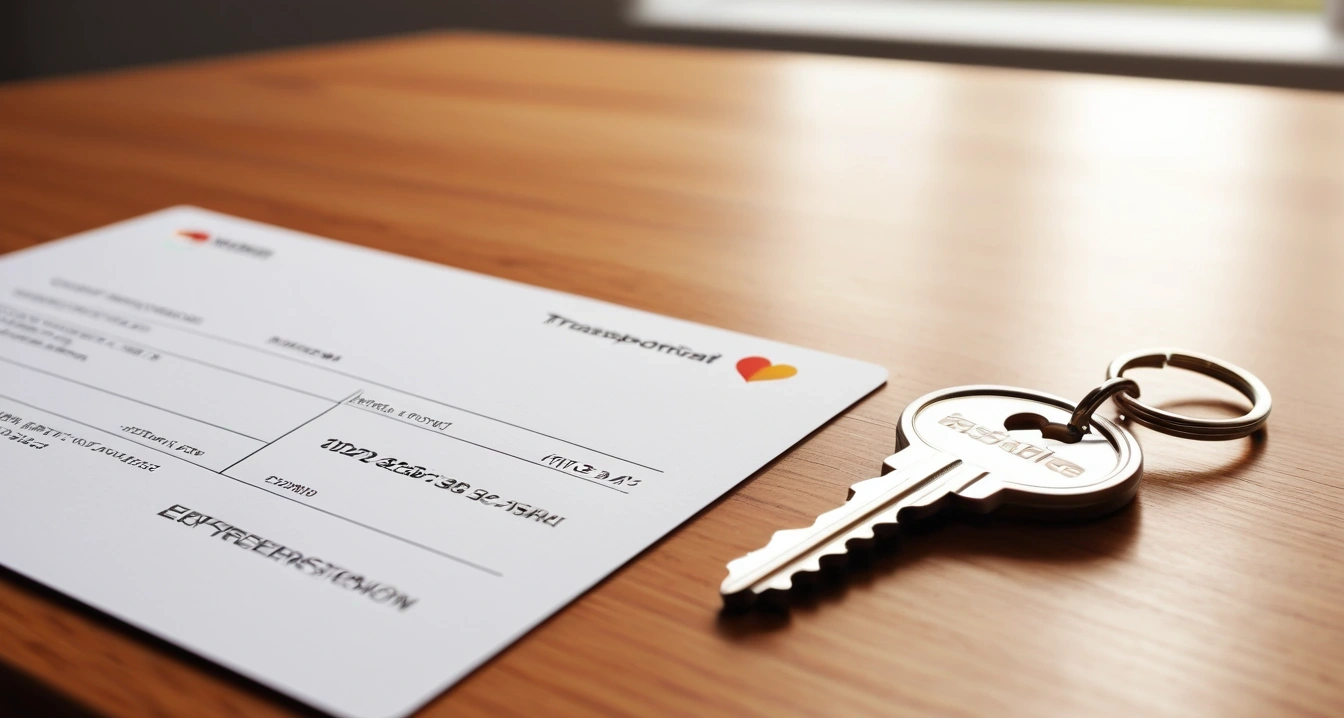 알뜰교통카드 - 광역교통 정책 활용한 알뜰교통카드 혜택 극대화 (concept of Economical transportation card, a shiny house key resting on a detailed contract, elegant wooden table, no people)
