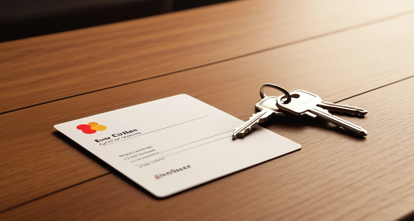 알뜰교통카드 - 카드 이용 내역 관리와 스마트폰 결제 최적화 (concept of Economical transportation card, a shiny house key resting on a detailed contract, elegant wooden table, no people)