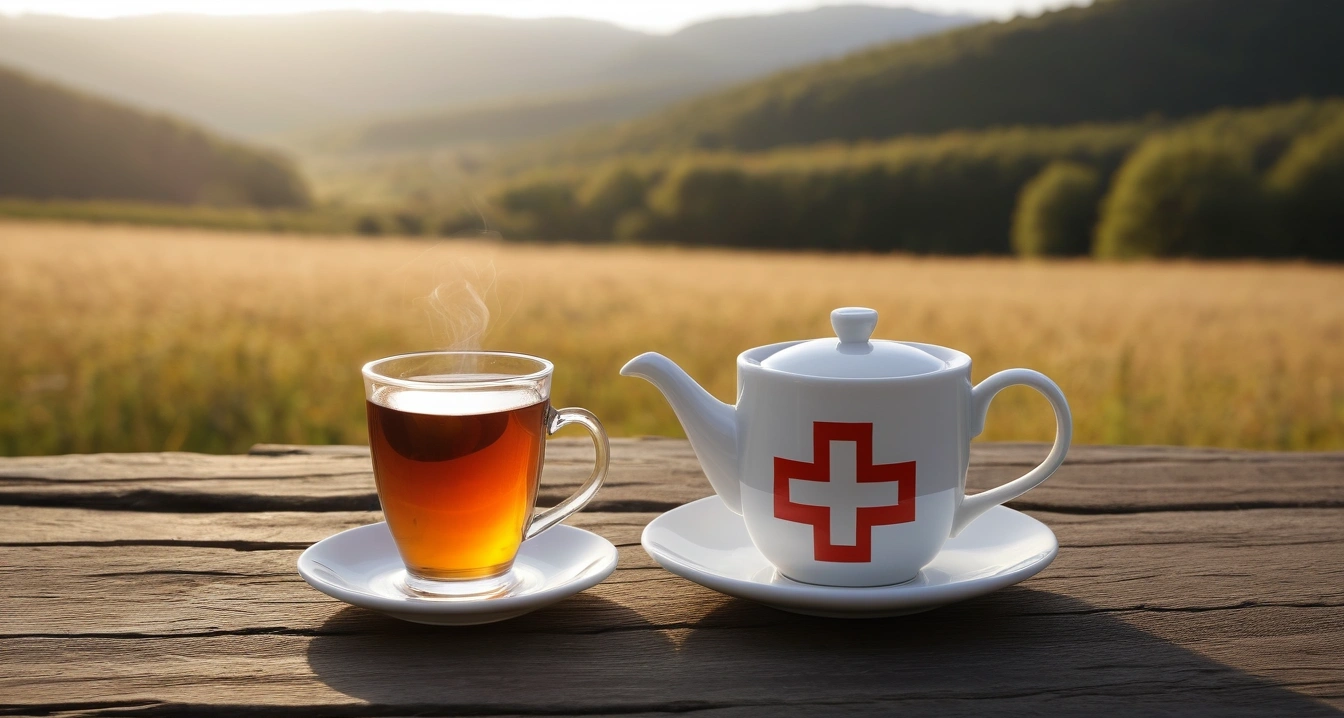 응급 처치 - 비상 연락망 및 의료 정보 데이터 세팅 (concept of first aid, close-up of a modern digital thermometer and a warm cup of herbal tea, health recovery, no people)