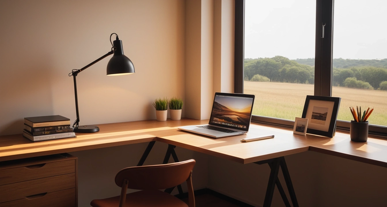 KTX - 비즈니스 효율을 높이는 KTX 좌석과 이동 동선 (concept of KTX, a neatly organized modern study desk, warm desk lamp, no people)