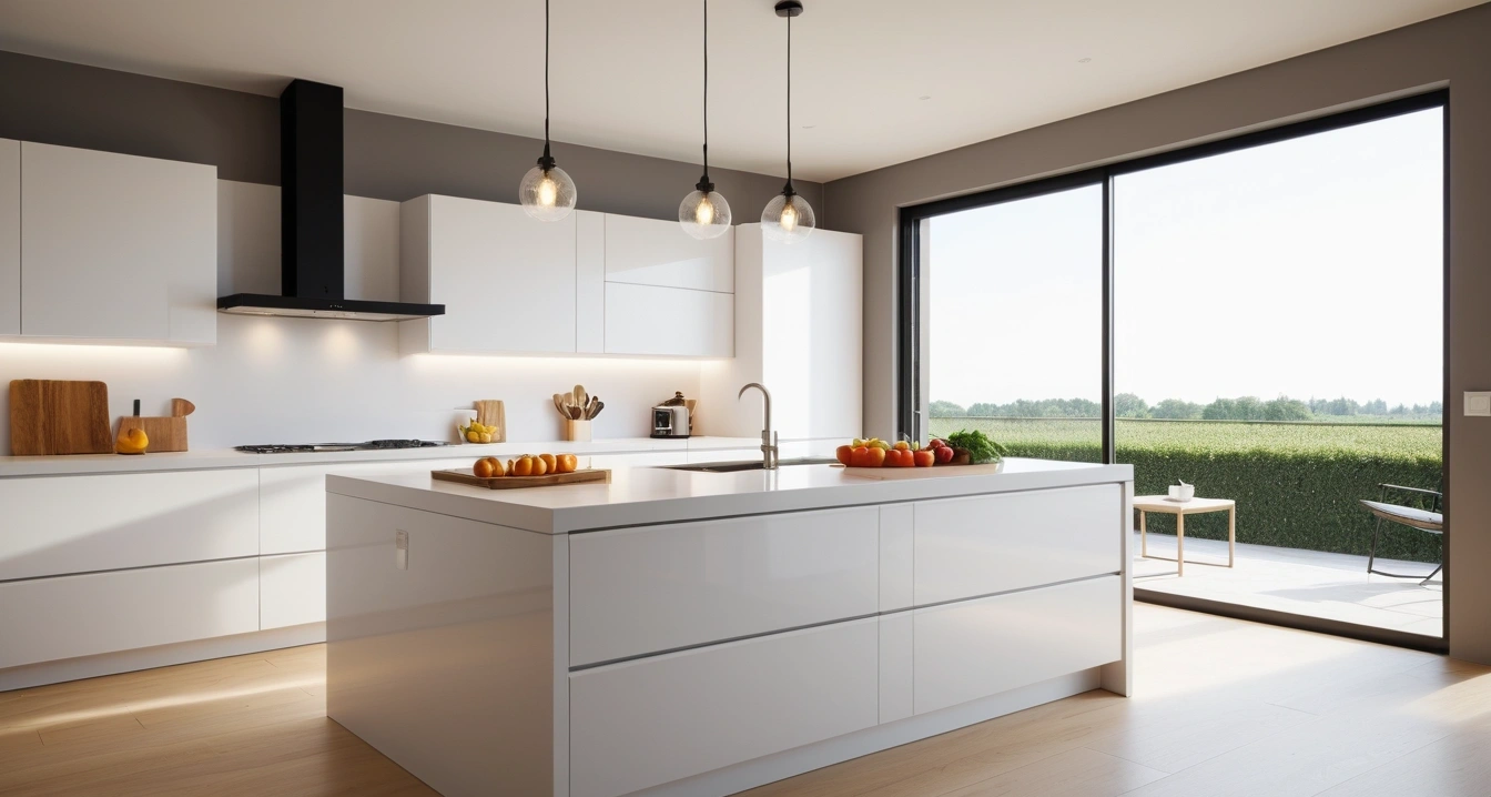 KTX - 시간 관리를 위한 노트북과 휴대용 주변기기 (concept of KTX, a pristine modern kitchen island, fresh vegetables, aesthetic coffee maker, no people)