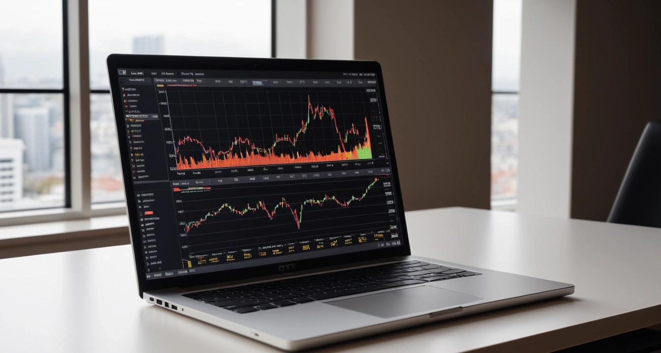 OTT - 고정 지출 방어를 위한 통신사 결합 할인 전략 (concept of OTT, a sleek modern office desk, a glowing laptop screen displaying financial charts, no people)