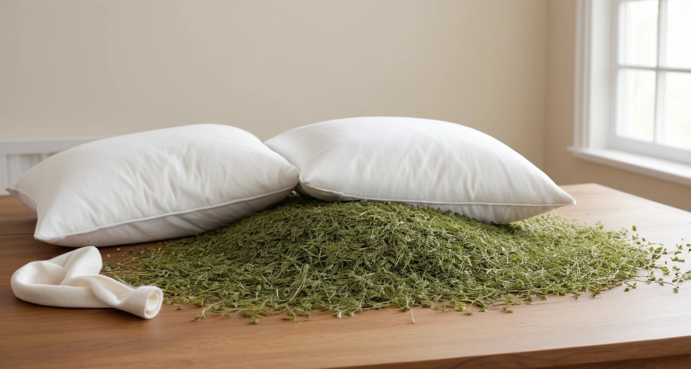 베개솜 - 베개솜 소재별 맞춤 세탁법 (concept of pillow stuffing, a pristine bright herbal medicine preparation table, fresh green healing herbs, no people)