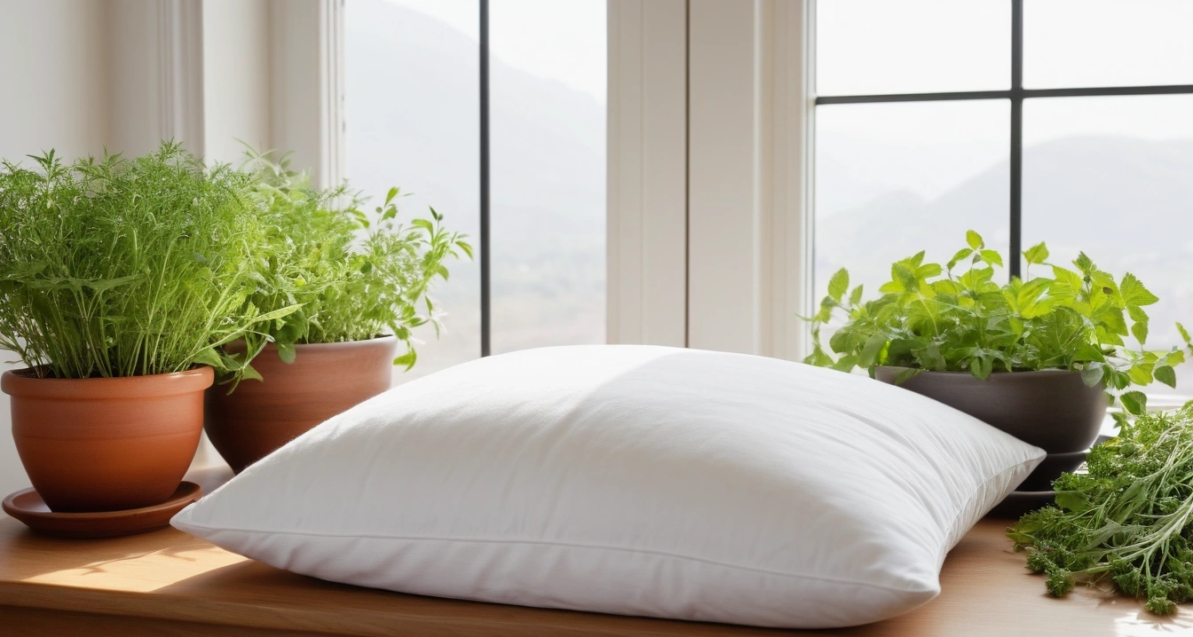 베개솜 - 베개피와 내장재의 꿉꿉한 냄새 제거 솔루션 (concept of pillow stuffing, a pristine bright herbal medicine preparation table, fresh green healing herbs, no people)