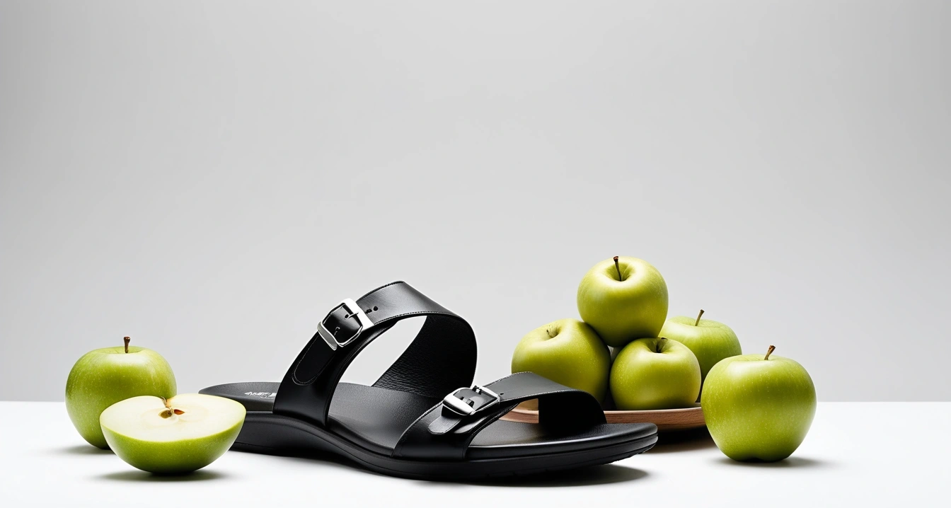 샌들 - 발 건강 유지를 위한 샌들 교체 주기와 보관법 (concept of sandals, a neat arrangement of healthy daily vitamins and fresh green apples, wellness concept, no people)