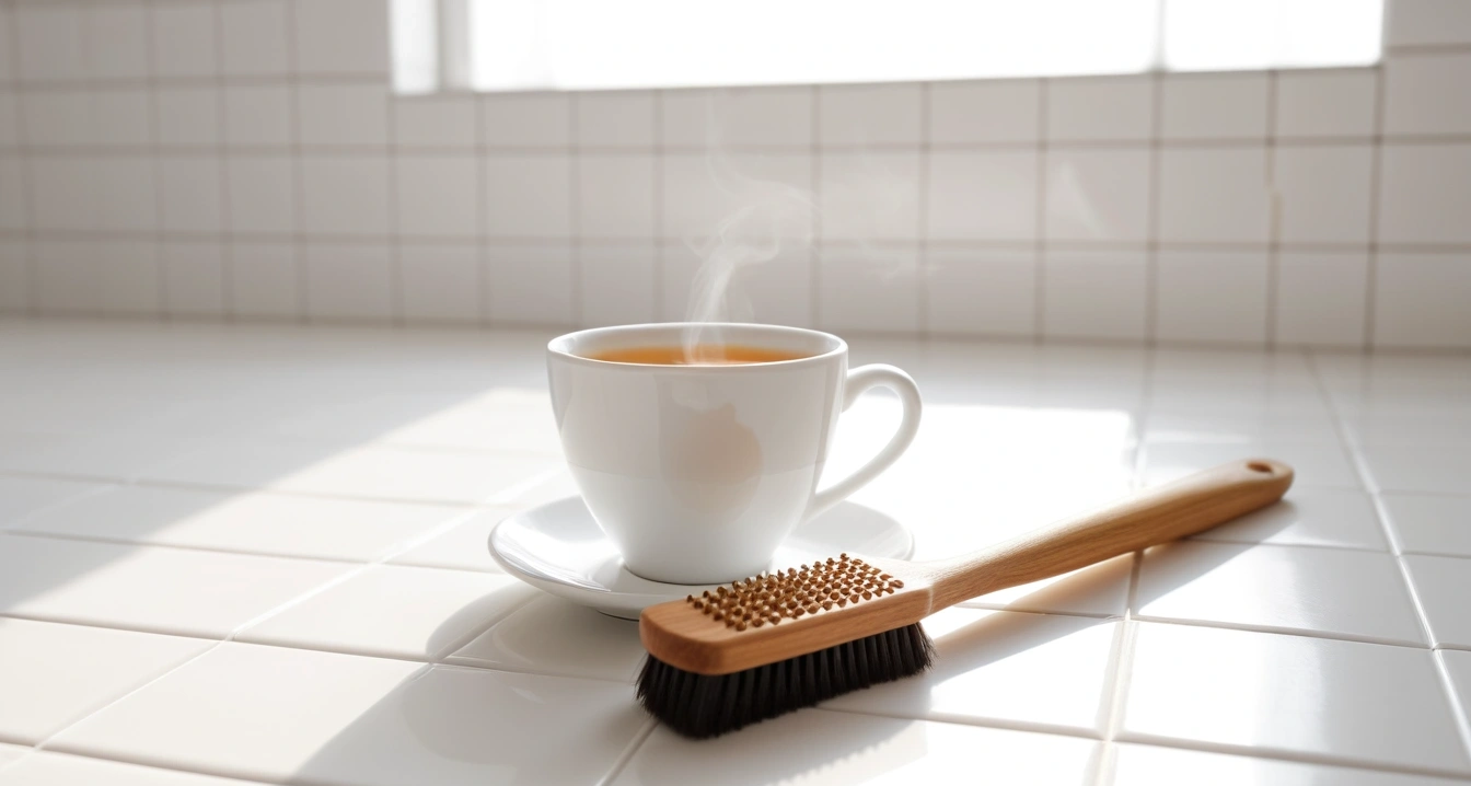 곰팡이 - 실내 환경 관리를 위한 곰팡이 제거 화학적 공정 (concept of Shiny white tiles and clean cleaning brush, close-up of a modern digital thermometer and a warm cup of herbal tea, health recovery, no people)