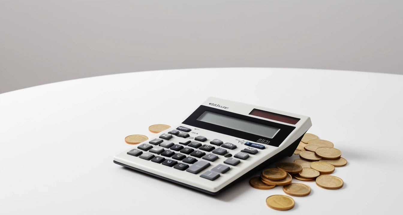 1인 가구 - 식재료 구매 전략 (concept of single person household, a neat arrangement of official forms, a modern calculator, and neat coins, finance aesthetic, no people)