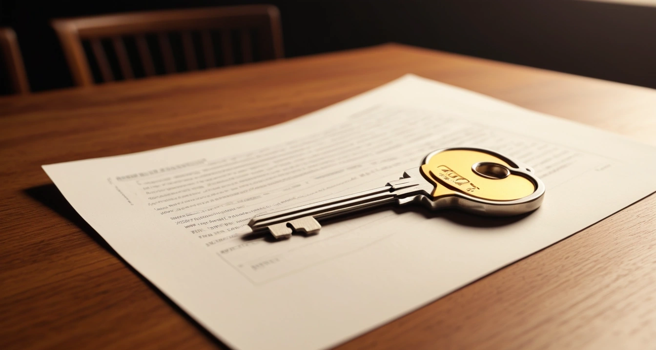 중고장터 - 명품 가방 및 패션 잡화의 컨디션 등급 표준화 가이드 (concept of Used market, a shiny house key resting on a detailed contract, elegant wooden table, no people)