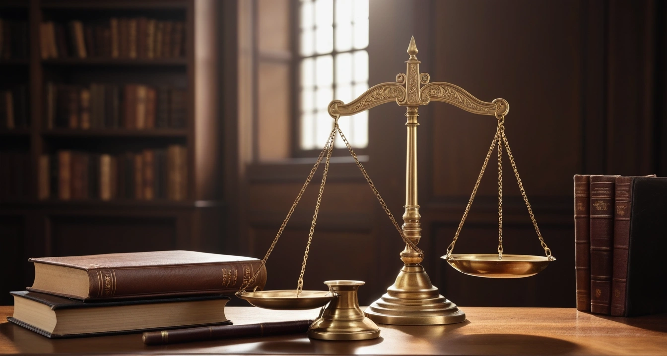 중고거래 - 안전한 대면 거래를 위한 장소 선정 및 에티켓 (concept of Used trade, a classic brass balance scale of justice next to leather-bound books, no people)