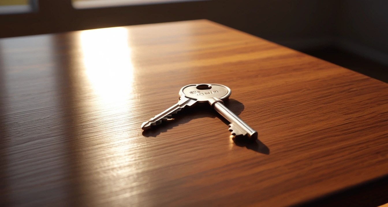 중고거래 - 중고 거래 플랫폼 내 사기 사전 관리와 안전한 현금 거래 절차 (concept of Used trade, a shiny house key resting on a detailed contract, elegant wooden table, no people)