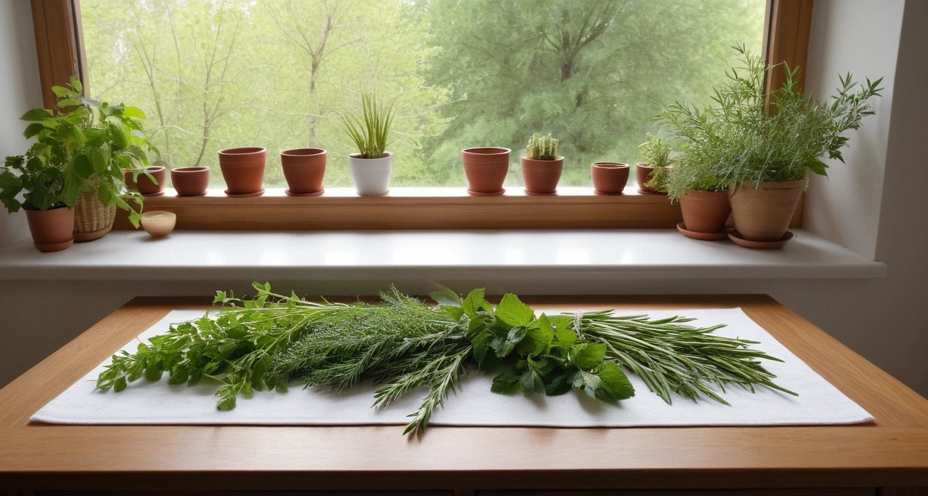 빨래 - 효율적인 세탁물 건조 환경을 위한 공기 순환법 (concept of wash, a pristine bright herbal medicine preparation table, fresh green healing herbs, no people)