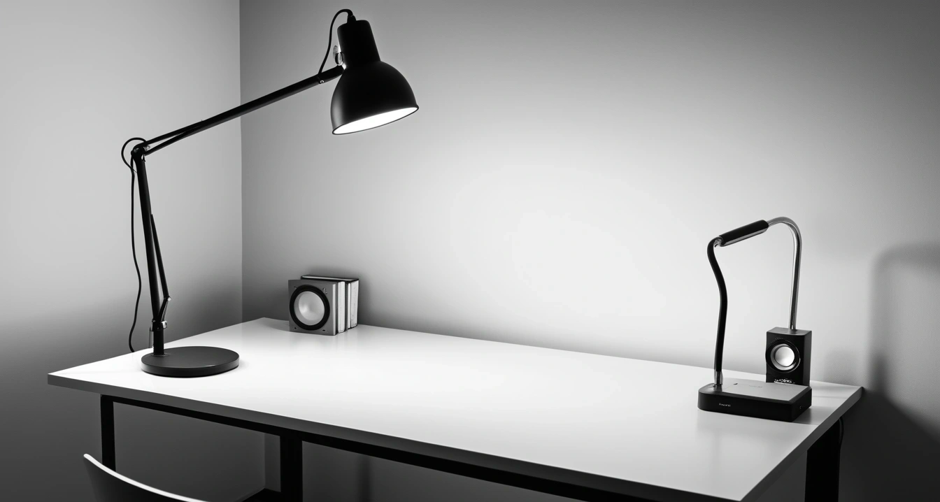 물놀이 용품 - 구명조끼 및 수상 장비의 안전 점검 (concept of water play equipment, a neatly organized modern study desk, warm desk lamp, no people)