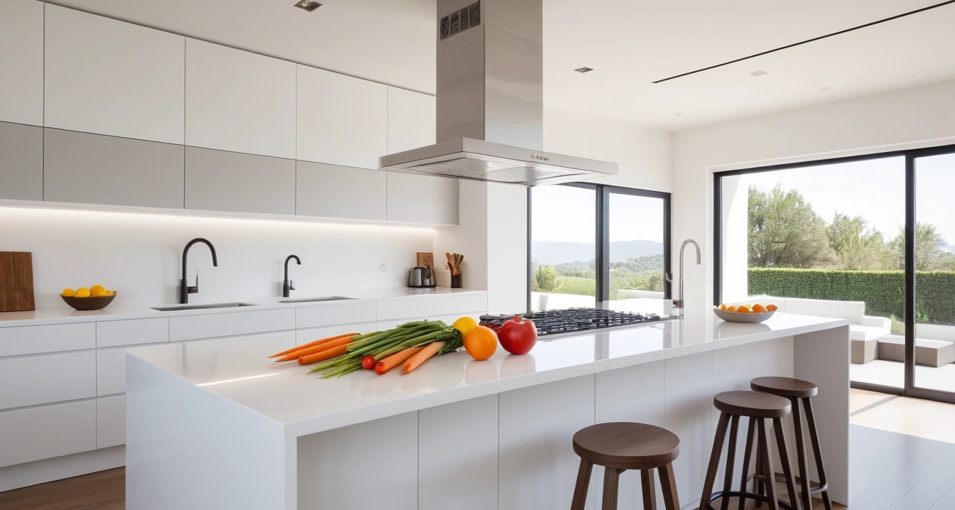물놀이 용품 - 펌프와 부속품 체계적 정리 시스템 (concept of water play equipment, a pristine modern kitchen island, fresh vegetables, aesthetic coffee maker, no people)