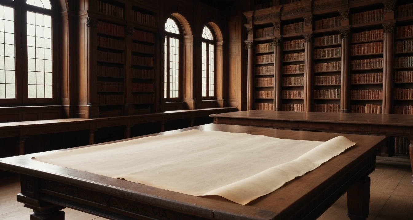 업무 성과 - 워크스테이션 하드웨어 최적화 (concept of work performance, an ancient weathered parchment scroll with faded calligraphy, dark wooden library table, no people)